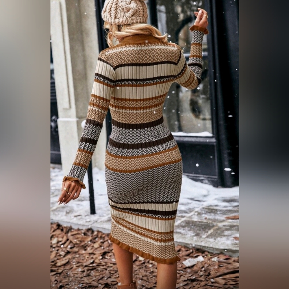 New Chic Striped Ribbed Knit Bodycon Dress Long Sleeve Brown Tan Cream Black - Picture 5 of 10